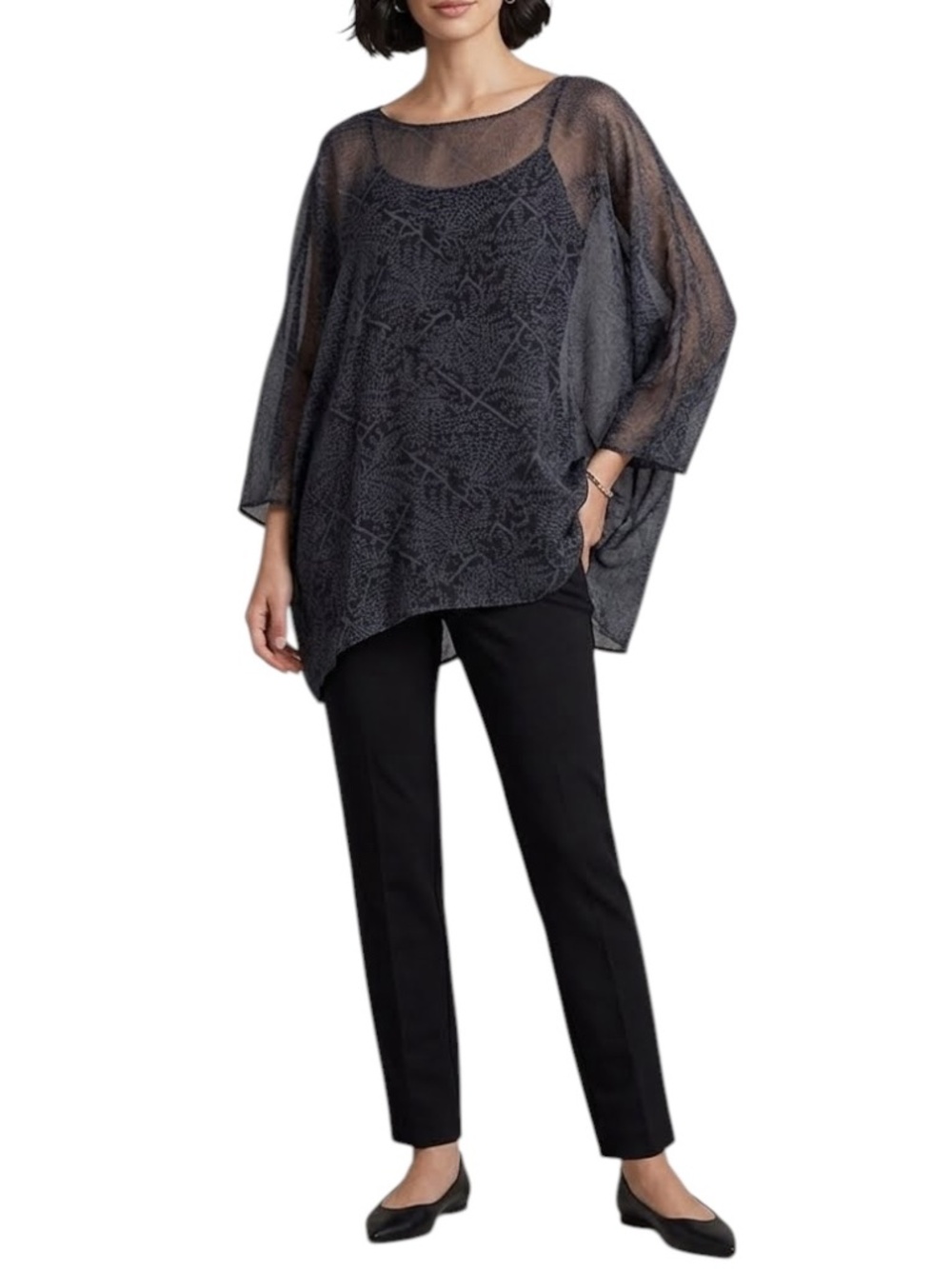 YIGAL AZROUEL SILK NAVY/BLACK SEMI SHEER BOTANICAL PRINT OVERSIZED TUNIC TOP